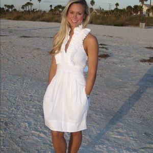 BCBG white ruffle halter dress